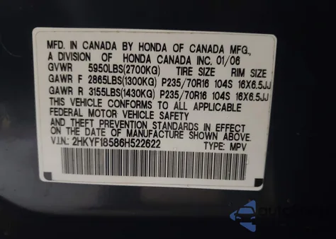 2006 Honda Pilot Ex-L from USA, damaged, VIN 2HKYF18586H522622